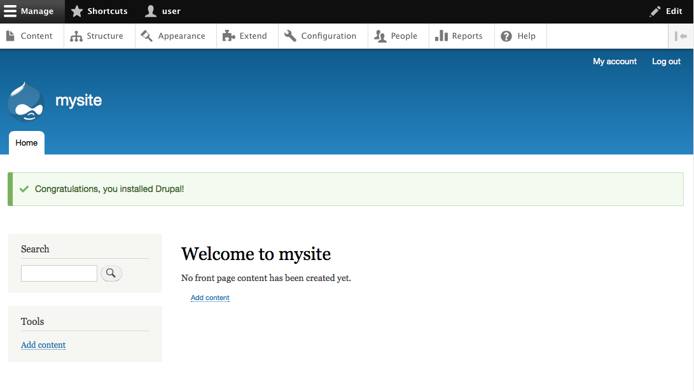 Drupal 8 installed welcome.