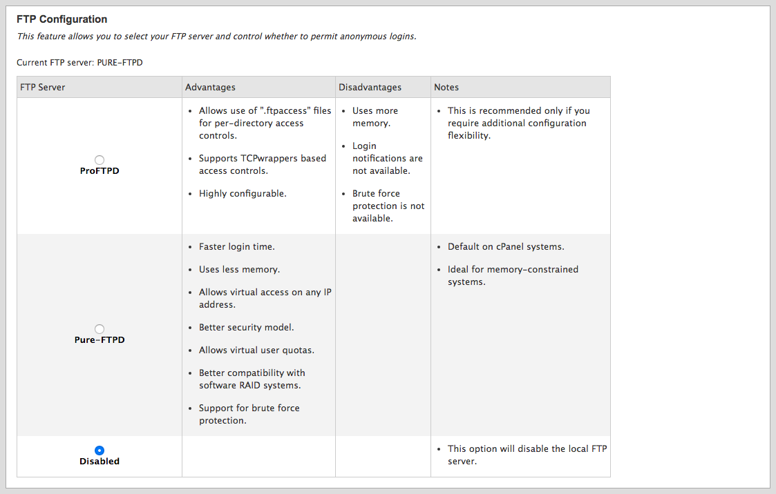 cPanel FTP server selection.